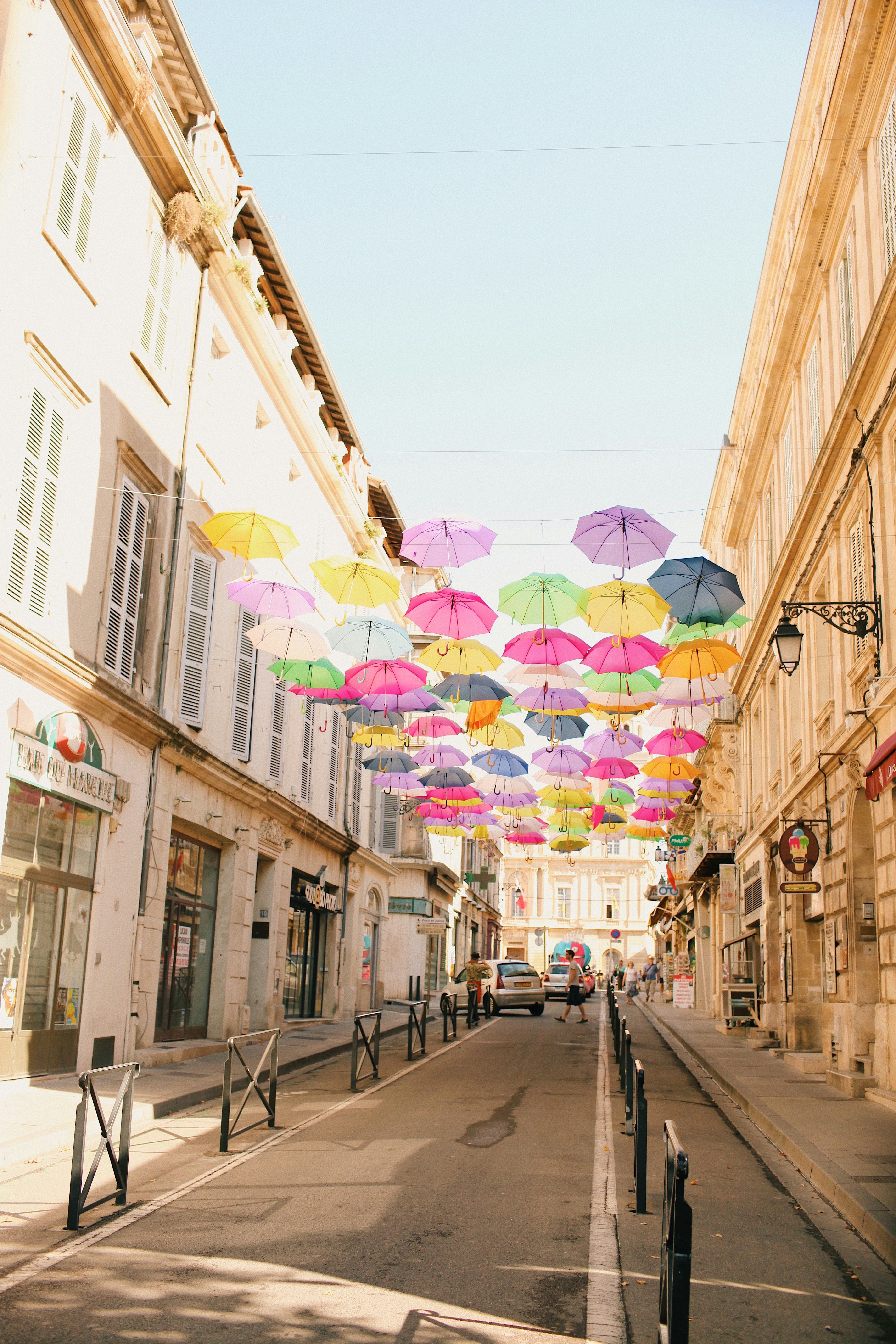 umbrellas decorating a French village